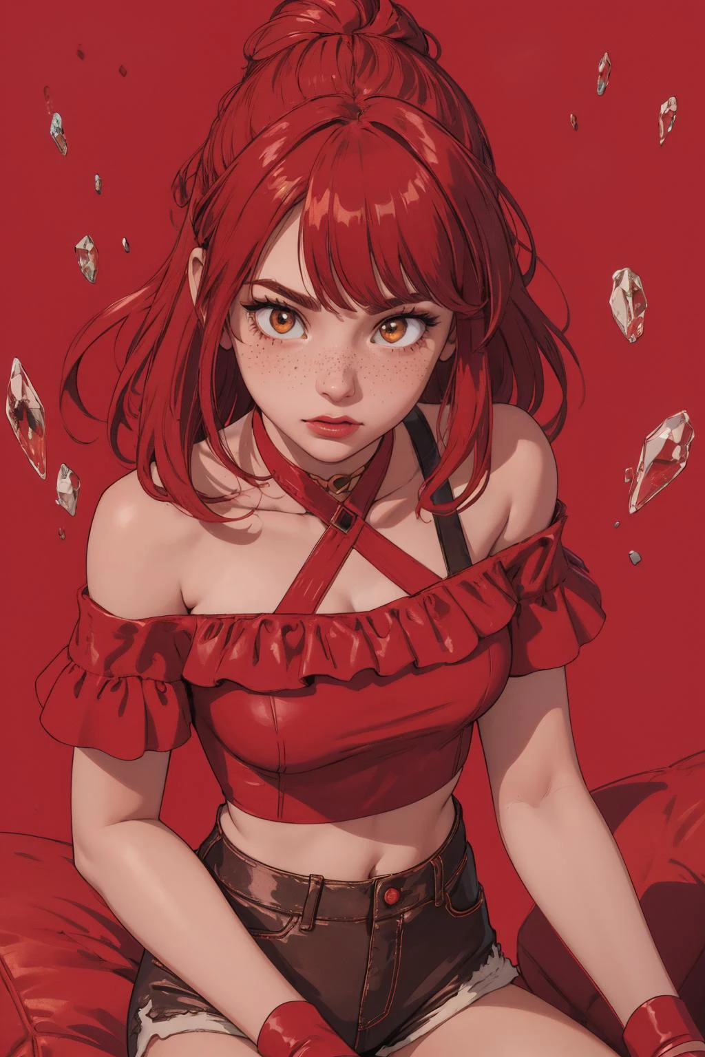 beautiful, (linework:1.1), <lora:detail_slider_v4:1.0>,
1 girl, adult woman, freckles, ruby eyes, updo hairstyle, ombre, bangs, ,
solo, <lora:GoodHands-beta2:0.8>, (simple background, red color palette:1.2), shy,
(casual theme:1.1),
upper body,
sitting,
crop top
shorts,
offshoulder,
ruffles,
leather material,,
jewelry, , wristband, ribbons,
floating particles, floating hearts,
high contrast, , faded colors,