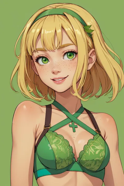 beautiful, (linework:1.1), <lora:detail_slider_v4:1.0>,
<lora:GoodHands-beta2:0.8>,
simple green background, green color palette,
1 girl, adult  woman, freckles, green eyes, blonde short hair, bangs, , 
standing, upper body, 
smiling,
green laced  cross halter bra,
hairband,
(leaf symbols:1.1),
<lora:zoom_slider_v1:3.0>