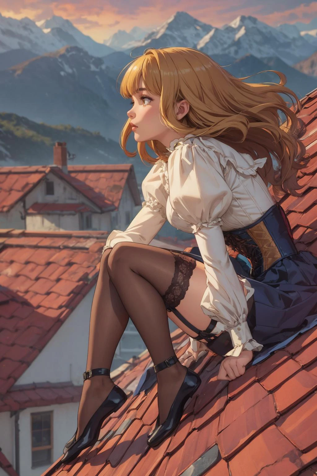 beautiful, (linework:1.1), <lora:detail_slider_v4:1.0>,
1 girl, adult woman, dark brown eyes, yellow layered hair, ombre, bangs,
<lora:GoodHands-beta2:0.8>,
solo, careful, confident,
side view, from side, full body, (leaning forwad:1.1), sitting on tiled rooftop, feet dangling, high altitude, building wall, looking down, mountains in background, roofs, wind blowing,
corset, skirt, puff sleeves,
garter straps, stockings,
(victorian theme:1.0),