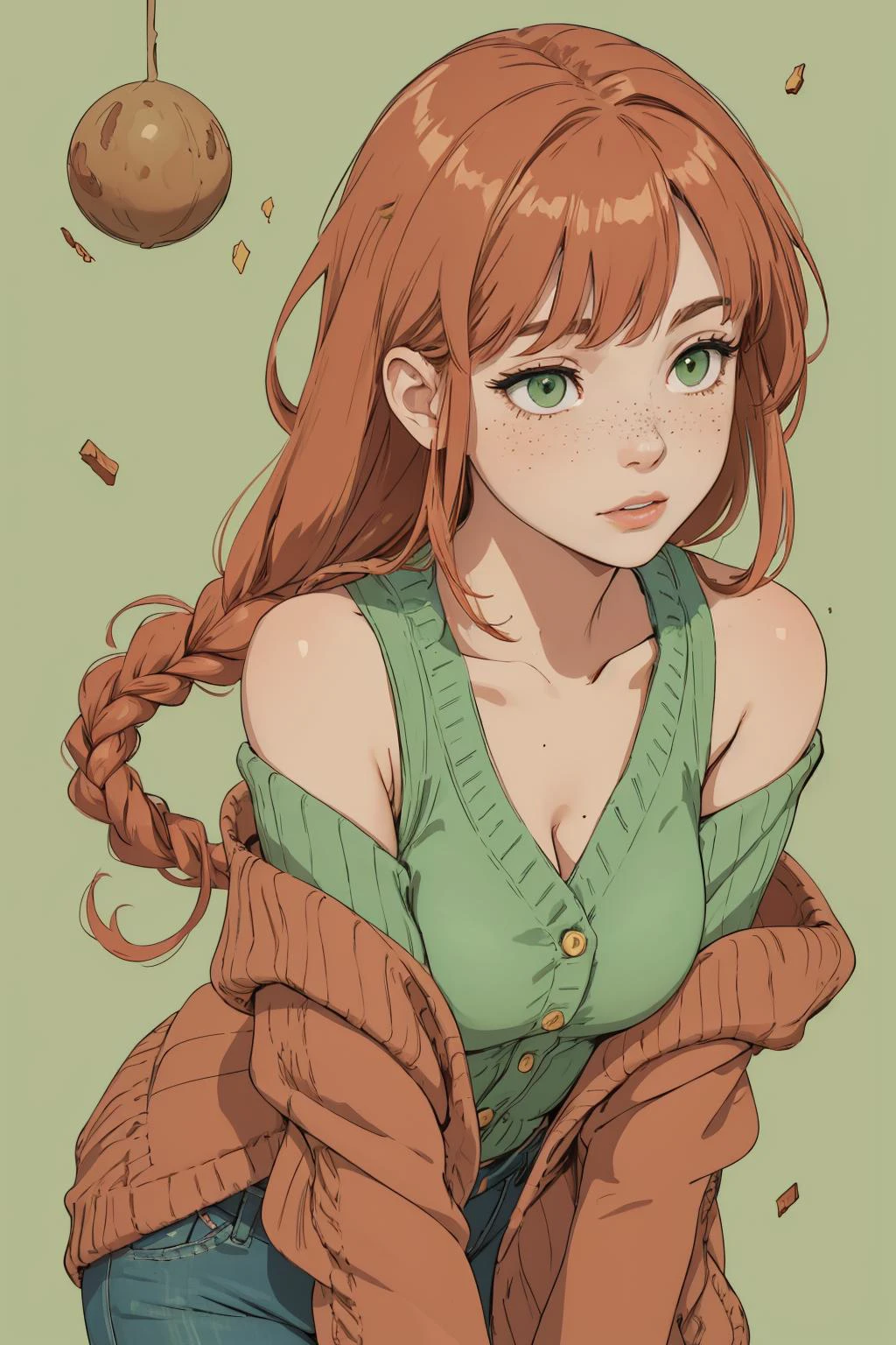 beautiful, (linework:1.1), <lora:detail_slider_v4:1.0>,
1 girl, adult woman, freckles, grey eyes, chestnut fishtail braid, ombre, bangs, ,
solo, <lora:GoodHands-beta2:0.8>,
(simple background, light green color palette:1.2),
upper body,
leaning forward, standing,
proud,
dark red clothes, cardigan, offshoulder, laces, fuzzy material,,
ring,
(casual , summer theme:1.1),
floating particles, fragments, high contrast, , faded colors,
