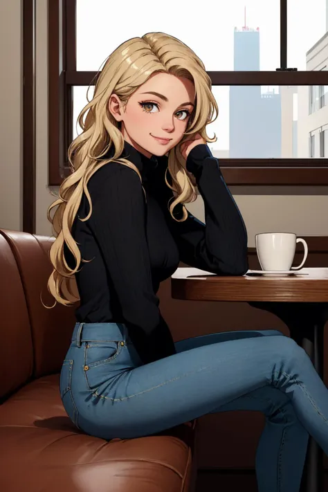 (masterpiece, best quality:1.2), highly detailed, RAW photo, indoors, cafe, 1girl, sitting, from side, solo, two-tone hair, brown hair, blonde hair, wavy hair, hazel eyes, long hair, black sweater, turtleneck sweater, blue pants, denim, shirt tucked in, looking at viewer, closed mouth, smile
