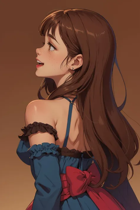 beautiful, (linework:1.1), <lora:detail_slider_v4:1.0>,
1 girl, adult european woman, freckles, brown eyes, quiff hair, (long hair:1.2), bangs, ,
solo, <lora:GoodHands-beta2:0.8>, (simple background, dark brown color palette:1.2), color gradient, smooth skin, laughing, confident, blushing,
(pagan , victorian theme:1.1),
upper body,
from back, back view, turning around,
walking,
nightgown,
offshoulder,
garter straps, ,
star pattern,,
ring, , bracelet, beads,
