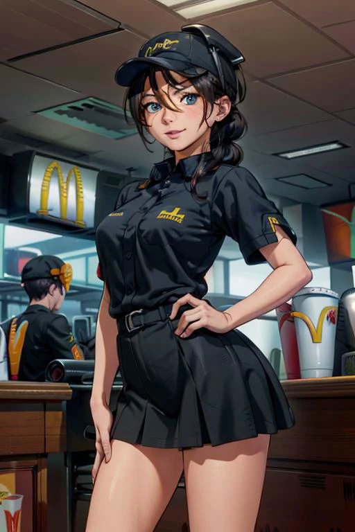 (masterpiece, best quality), (best quality, ultra-detailed, masterpiece: 1.4), 1girl, freckles, black hair, (single braid: 1.2), dark blue eyes, medium breasts, looking at viewer, wearing (mcdonalds uniform:1.4)(black baseball cap) (black shirt) (black microphone headset) (Black mini skirt), detailed eyes, open mouth, (smile:0.8), (serving in a fastfood:1.3), looking at viewer, (skin tanning), shiny skin, (smiling:1.1), mcdonalds,
