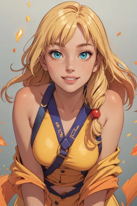 beautiful, (linework:1.1), <lora:detail_slider_v4:1.0>,
1 girl, adult  woman, freckles, aquamarine eyes, natural blonde prom hairstyle,  orange ombre, bangs, , 
solo, <lora:GoodHands-beta2:0.8>, (simple background, gray color palette:1.1), color gradient,  tanned skin, smooth skin, smiling, sexy, proud, 
(celestial theme:1.0),
upper body,
from front, frontal view,
leaning forward, standing,
yellow clothes,
	harness,,
	exposed shoulders,
	buttons,
	wave pattern,,
body markings, beads,
, particle effects, floating fragments,