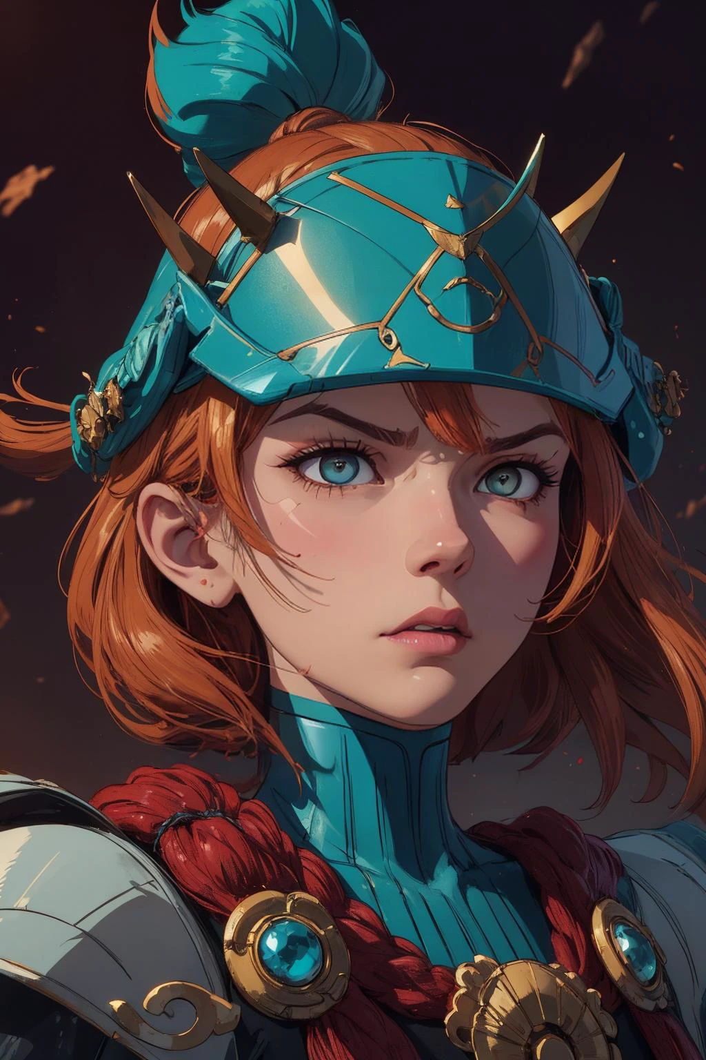 beautiful, (linework:1.1), <lora:detail_slider_v4:1.0>,
1 girl, adult polish woman, teal eyes, ginger shag hair,
portrait, solo, upper body, looking up, detailed background, detailed face, (<lora:NodesTech:0.6>, NodesTech theme:1.1), samurai, brown samurai armor, samurai helmet, aggressive expression, dojo in background, wind, cinematic atmosphere,
