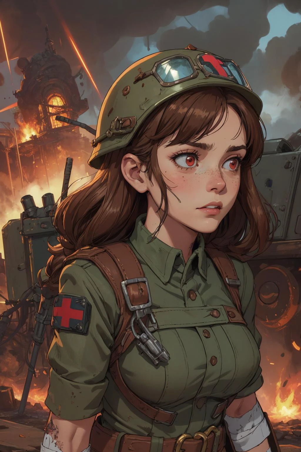 beautiful, (linework:1.1), <lora:detail_slider_v4:1.0>,
<lora:GoodHands-beta2:0.8>,
1 girl, adult (elven:0.7) woman, freckles, red eyes, medium brown textured hair, ombre,
portrait, solo, (full body:0.6), looking away, detailed background, detailed face, (<lora:PunkBundleAI:0.4>, dieselpunkai, 1940s dieselpunk theme:1.1), battlefield-medic, field-surgeon, hopeful expression, black tattered military medic uniform, army helmet, belt, green cross, first aid kit, bandages, morphine, wound dressing, blood , war torn muddy battlefield trench in background, thunder clouds, heroism, cinematic atmosphere,