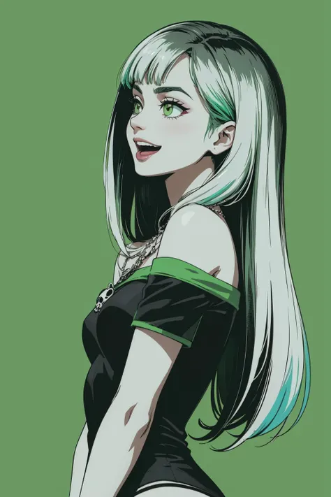 beautiful, (linework:1.1), <lora:detail_slider_v4:1.0>,
1 girl, adult woman, jade eyes, white blowout hair, (long hair:1.1), light green ombre, bangs, ,
solo, <lora:GoodHands-beta2:0.8>, (simple background, black color palette:1.2), shiny skin, laughing, confident,
(religious , aristocratic theme:1.0),
upper body,
from side, side view, turning around,
arms crossed, arched back, standing,
t-shirt
panties,
offshoulder,
laces,
skull symbol, cashmere material,,
bracelet, , necklace,
colorful,