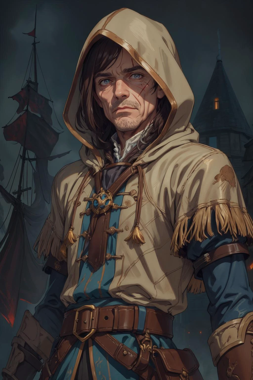 beautiful, (linework:1.1), <lora:detail_slider_v4:1.0>,
<lora:GoodHands-beta2:0.8>,
(1man, wrinkled face, old male:1.2), frail, aquamarine eyes, medium brown hair, textured fringe,
looking down, solo, (full body:0.6), detailed background, detailed face, (<lora:MusketPunkAI:0.6>, MusketPunkAI theme:1.1), , sapper, scars, (crouched position:0.75), (studded:0.7) dark leather clothes, belts, lockpick, hooded, small leather pouch, knives, dark port pier background, illegal, in background shadows, grunge atmosphere,