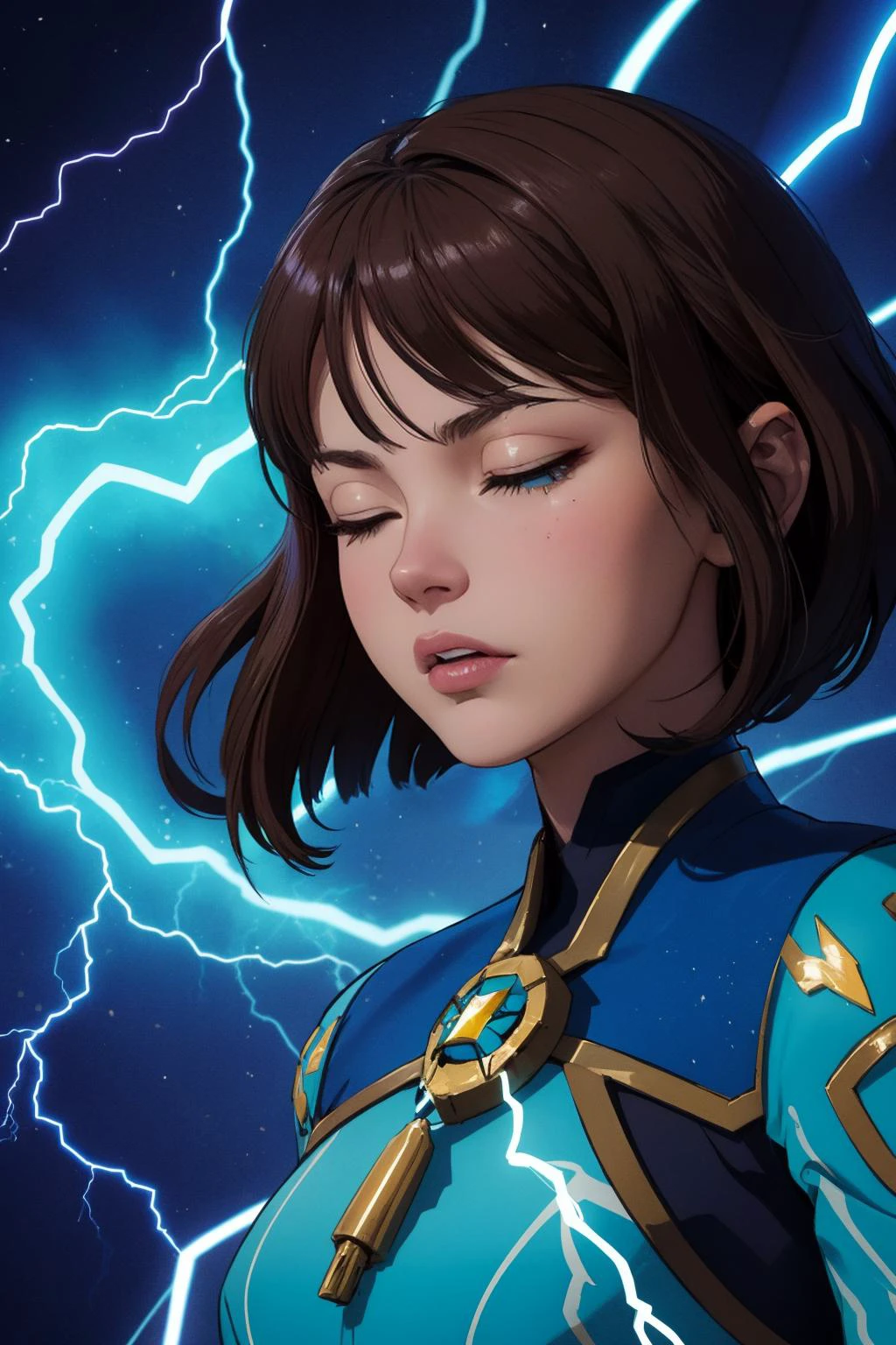 beautiful, (linework:1.1), <lora:detail_slider_v4:1.0>,
1 girl, adult woman, turquoise eyes, medium brown razor cut hair,
Style-GravityMagic, portrait, solo, upper body, (eyes closed:1.1), detailed background, detailed face, (<lora:ldv2:0.6>, electricity, yellow, Lightning theme:1.1), stoic expression, balanced, elemental shaman, mystical, light blue feathered clothes, totem, dynamic pose, surrounded by blue magic swirls, rock formations in background, storm, cinematic atmosphere,