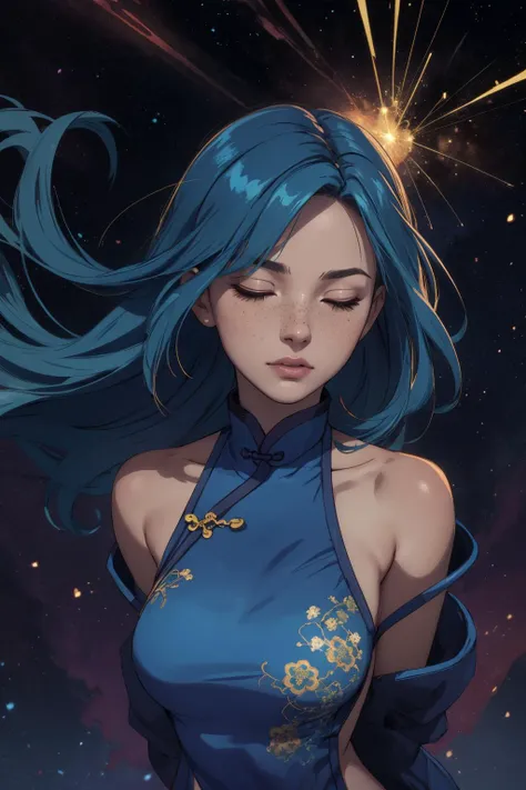 beautiful, (linework:1.1), <lora:detail_slider_v4:1.0>,
1 girl, adult  woman, freckles, closed eyes,, multicolored hair, blowout hair,  black ombre,  , 
solo, <lora:GoodHands-beta2:0.8>, (simple background, blue color palette:1.1),      sexy, confident, 
(cosmic , imperial china theme:1.2),
upper body,
arms behind back, leaning forward, standing,
nude robe,
	exposed shoulders,
	 , techwear,,
jewelry, frays,
floating particles, , particle effects, floating sparks,