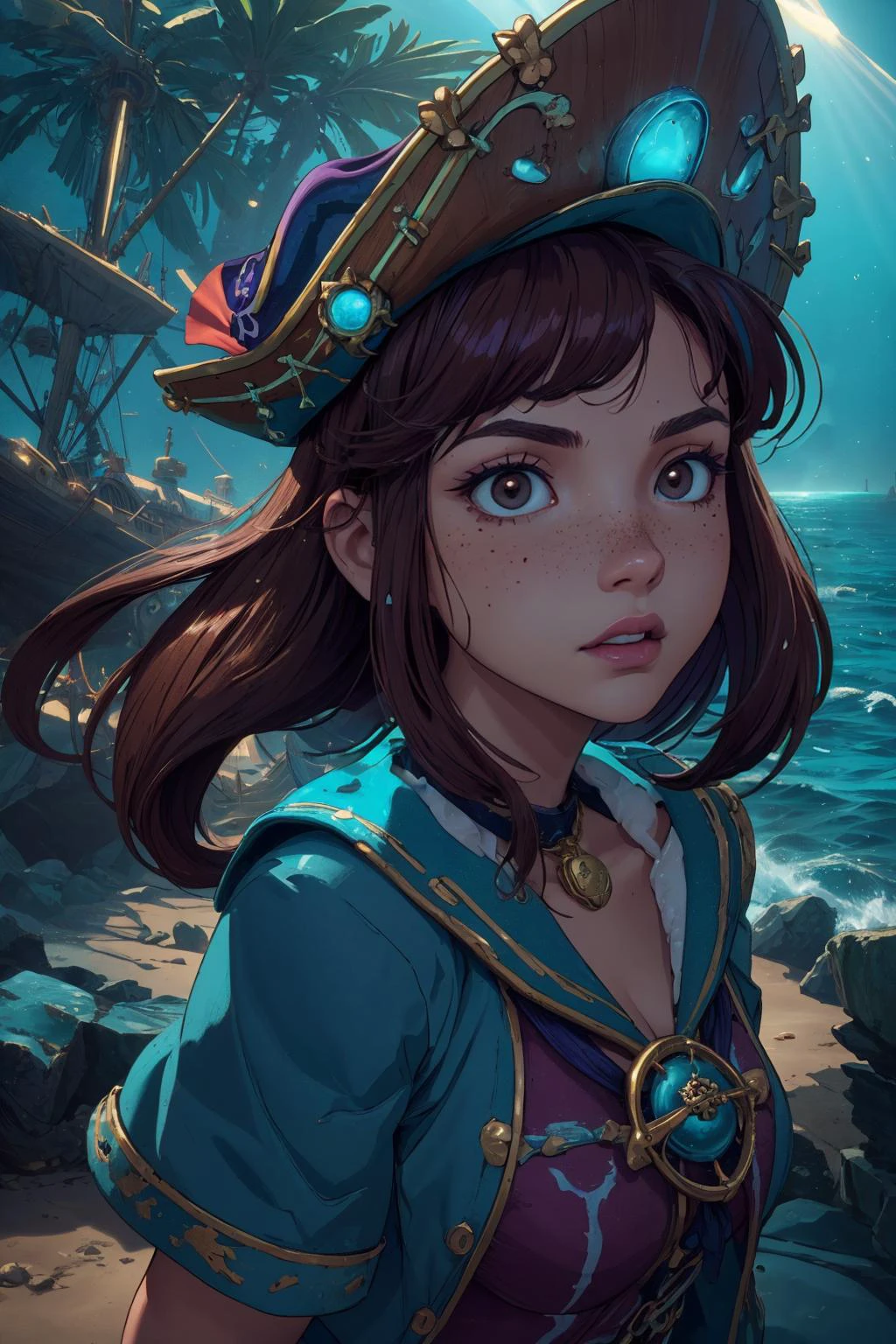 beautiful, (linework:1.1), <lora:detail_slider_v4:1.0>,
<lora:GoodHands-beta2:0.8>,
1 girl, adult woman, freckles, black eyes, dark brown wedge cut hair, ombre,
focus on character, portrait, (battlescars:0.7), looking up, solo, half shot, detailed background, (<lora:AtlantisTech:0.6>, bioluminescent, scifi, atlantistech theme:1.1), cursed privateer, purple privateer sailor outfit, pirate hat, cursed amulet, walking, treasure map, coastal pirate town, pirate hideout, pier, shacks, palm trees, peaceful, sunlight, rum, torchlight, cinematic atmosphere,