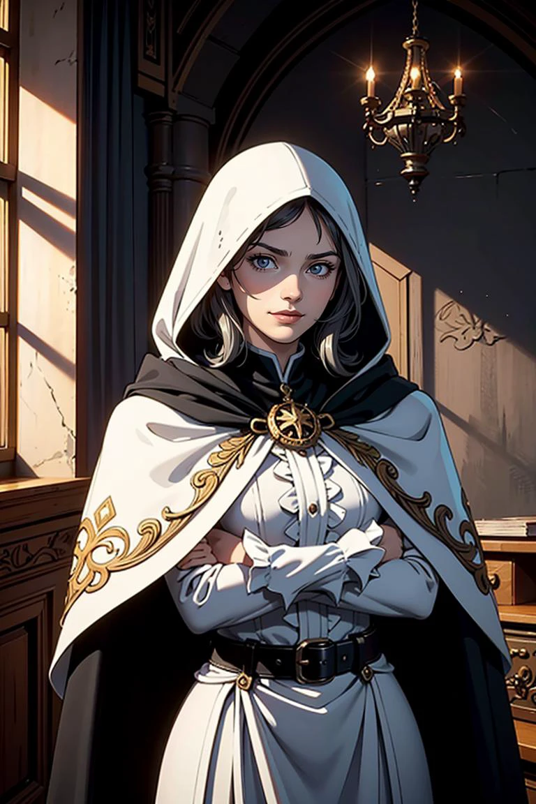 looking up, solo, half shot, detailed background, (renaissance theme:1.1), interrogator, smirk, silver trimmed elaborate intricate (studded:0.8) leather clothes, cape, straps, belts, hood, medieval guild house in background, winter, occult atmosphere, dark lighting, shadows, warhammer dark fantasy,
<lora:GoodHands-beta2:0.75>