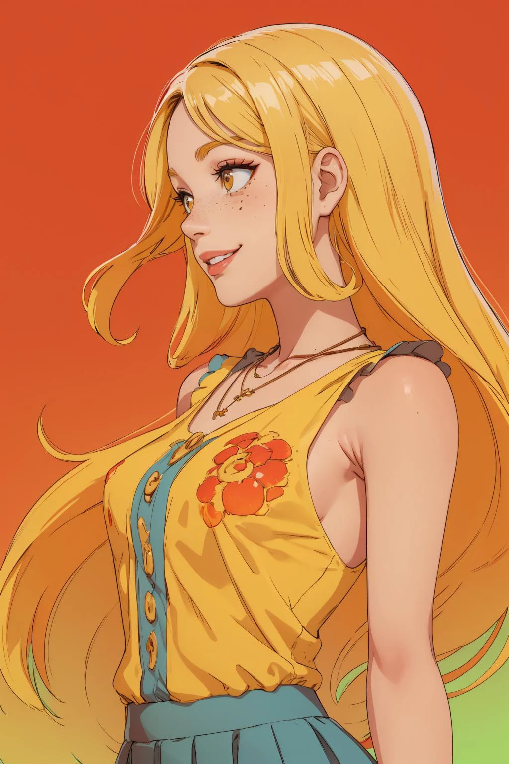 beautiful, (linework:1.1), <lora:detail_slider_v4:1.0>,
1 girl, adult italian woman, freckles, dark brown eyes, yellow blowout hair, ombre, ,
solo, <lora:GoodHands-beta2:0.8>,
(simple background, red color palette:1.2), color gradient,
upper body,
from front, frontal view,
arms behind back, arched back, standing,
pale skin,
smiling,
dark blue clothes, microskirt, sleeveless, frills, flame symbol,,
necklace, feathers,
(goth theme:1.1),
colorful, , pastel colors,