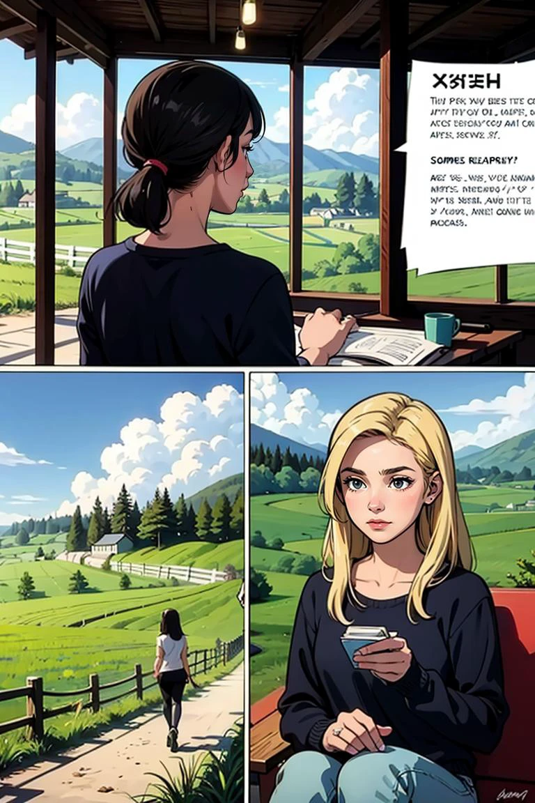 a comic about a girl going to a farm
<lora:GoodHands-beta2:0.75>