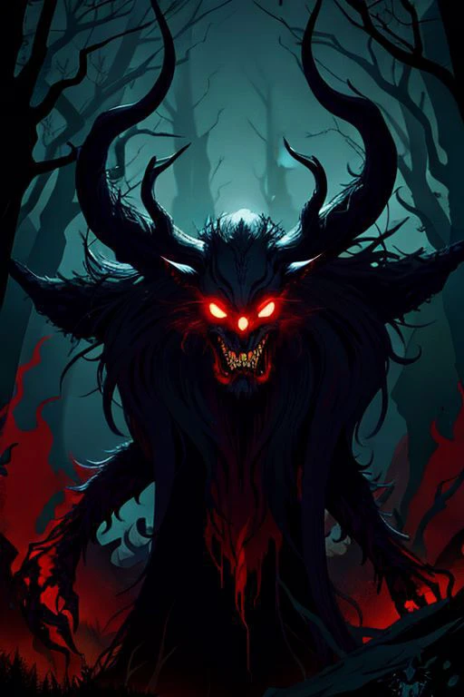 wendigo, demon, monster from myths, from legends, vector graphics, splashes of black, forest on the background,gloomy tones, lots of details, vector graphics,