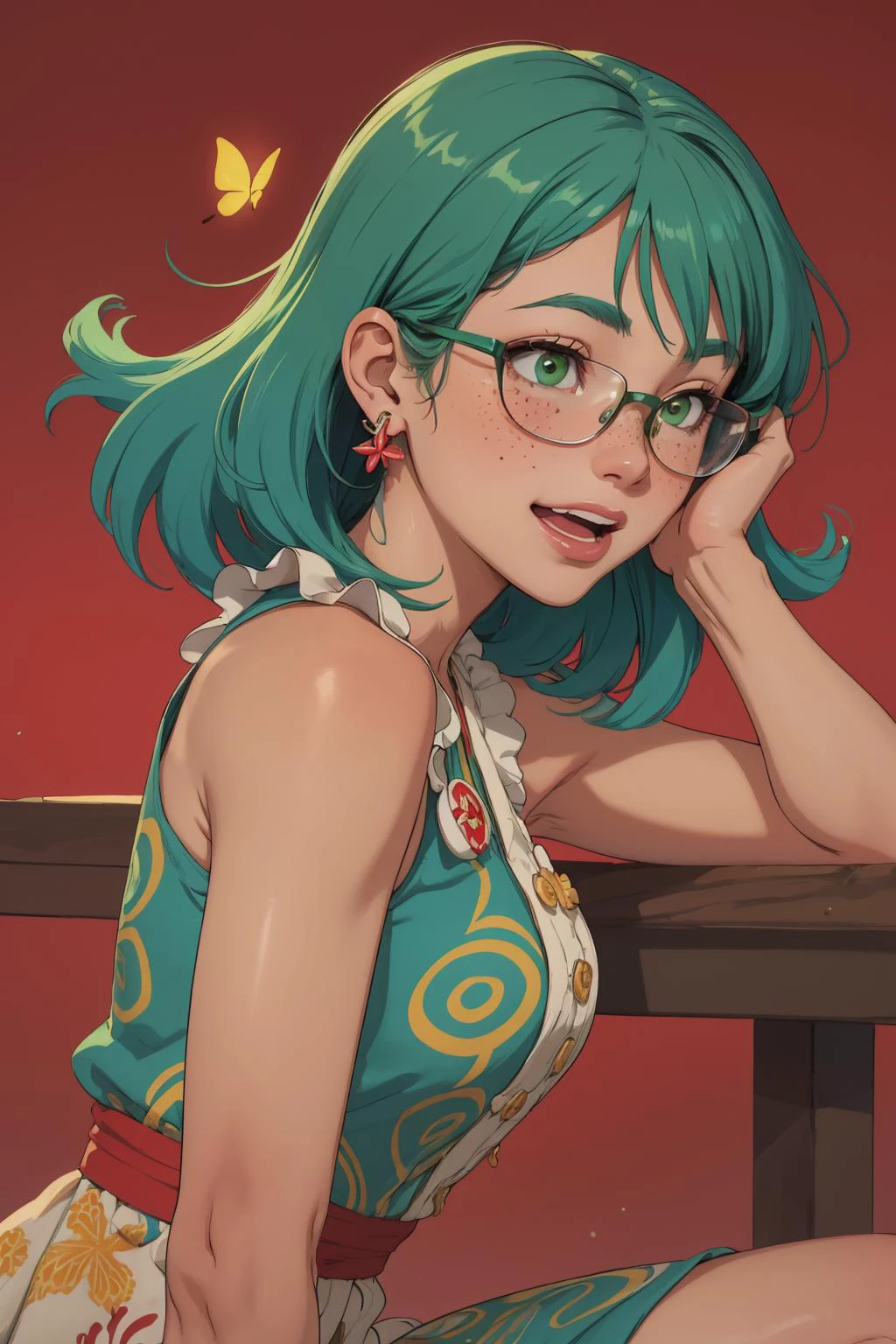 beautiful, (linework:1.1), <lora:detail_slider_v4:1.0>,
1 girl, adult woman, freckles, green eyes, multicolored hair, shaggy hair, ,
solo, <lora:GoodHands-beta2:0.8>, (simple background, dark red color palette:1.1), color gradient, pale skin, laughing, proud, blushing,
(tribal polynesian , nerdy theme:1.1),
upper body,
from side, side view,
sitting,
light green clothes,
sundress,
sleeveless,
ruffles, , buttons,
butterfly pattern, tight material,,
earrings, frays,
floating particles, floating wisps,
, vibrant colors,