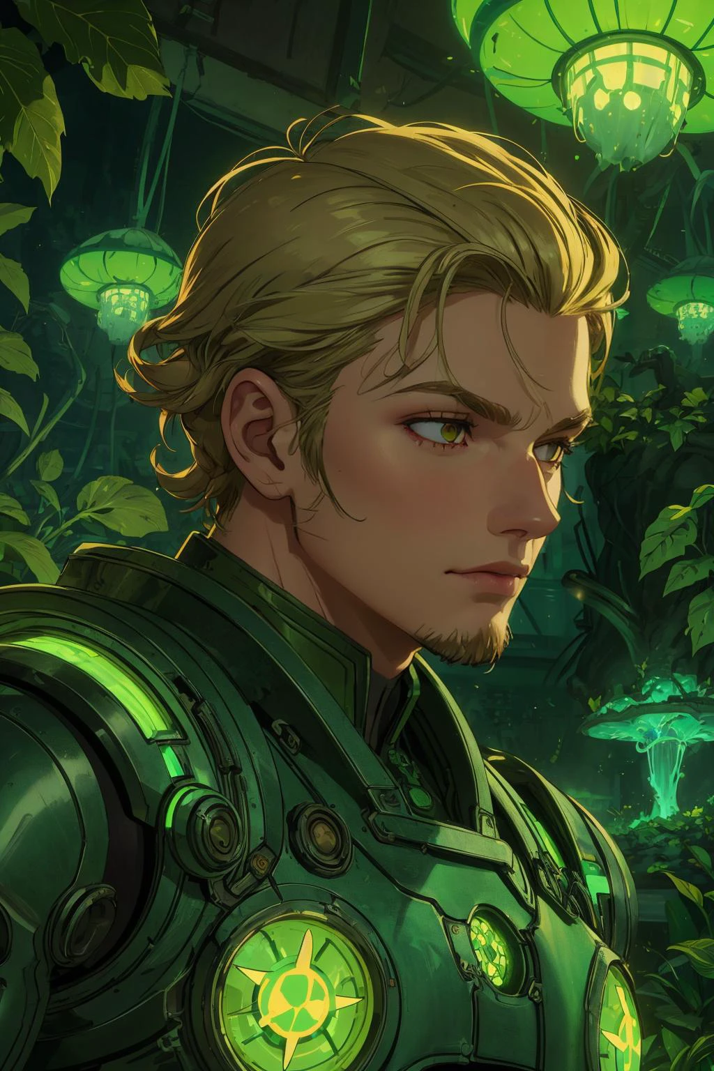 beautiful, (linework:1.1), <lora:detail_slider_v4:1.0>,
(1man, muscular adult male:1.2), silver eyes, dark blonde hair, textured crop,
<lora:GoodHands-beta2:0.8>,
(Style-SwampMagic:0.4), focus on character, portrait, solo, upper body, looking away, detailed background, detailed face, (<lora:UraniumTech:0.6>, radiation, nuclear, uraniumtech theme:1.1), focusing, botanist, planters, leaves, mandrake, magical plants, blooming flowers, greenhouse effect, green energy, elemental magic, green color scheme, wild growth, mushrooms, science, botanical garden in background, backlighting, magical atmosphere,