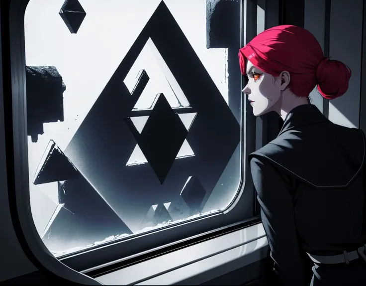 three cornered window, back of head shot of (woman looking out of triangle window:1.1), 3rd person, Looking out the triangular window of a (train:1.1) with triangular windows, triangular windows and triangular, wheels,  in a fantasy world, 
psychedelic, geometric, vivid light, high contrast, triadic colors, dark shadows,  explosions, nuclear mushroom cloud, nuclear explosion, dystopian nightmare, 
(beautiful composition),
21 yo woman,