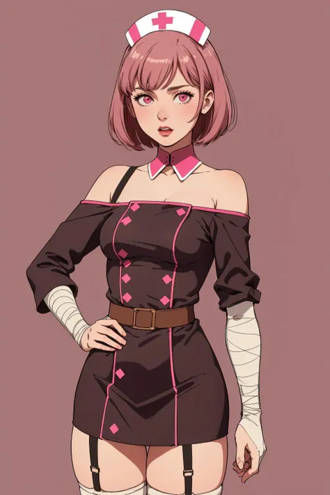 beautiful, (linework:1.1), <lora:detail_slider_v4:1.0>, high contrast,
<lora:GoodHands-beta2:0.8>,
1 girl, adult woman, pink eyes, medium brown wedge cut hair,
(simple background:1.2), faded colors,
(propaganda style:1.1),
(1910s, ww1 nurse:1.1), sexy offshoulder uniform, military, standing, garter straps,
bandages, medicine,
(open mouth:0.5),