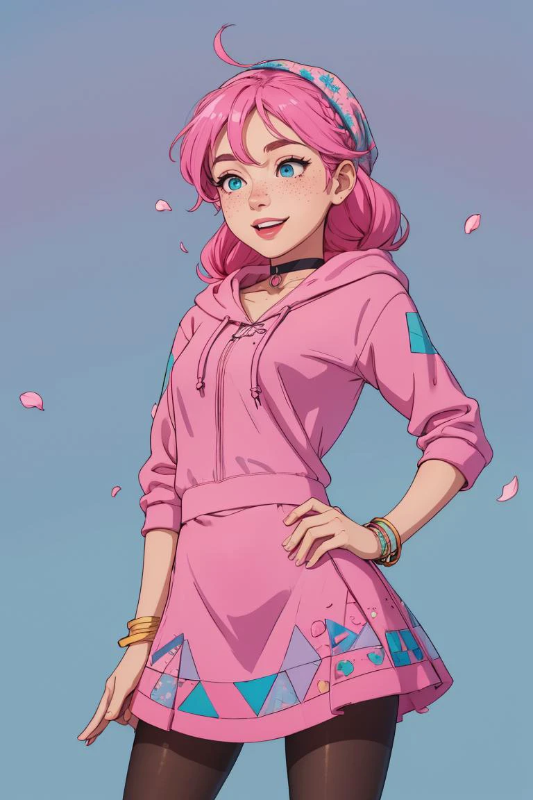 beautiful, (linework:1.1), <lora:detail_slider_v4:1.0>, high contrast,,
1 girl, adult woman, freckles, aquamarine eyes, gray braided hairstyle,
simple colorful (geometric background:1.1), vibrant colors,
solo, smiling, standing, looking down, hand on hip, singing,
black pantyhose, pink skirt, blue hoodie, petals, bracelet, choker, headscarf,
gypsy theme,