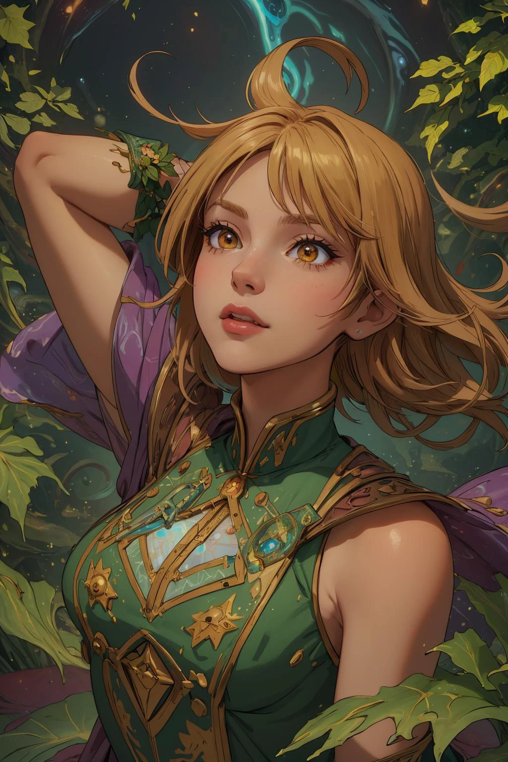 beautiful, (linework:1.1), <lora:detail_slider_v4:1.0>,
<lora:GoodHands-beta2:0.8>,
1 girl, adult ukrainian woman, brown eyes, auburn fishtail braid,
Style-GravityMagic, solo, (full body:0.6), looking up, detailed background, detailed face, (<lora:Dra9onScaleAI:0.5>, Dr490nSc4leAI theme:1.1), flower sorcerer, joyful, nature themed embroidered sorcerer vest, ivy-clad cloak, floral accessories, (green color scheme:1.1), dynamic pose, floating leaves, verdant tendrils, , overgrowth, , elemental flowercaster, , spreading nature, poppies, , snapdragons, magical floral storm, ethereal magical atmosphere,
