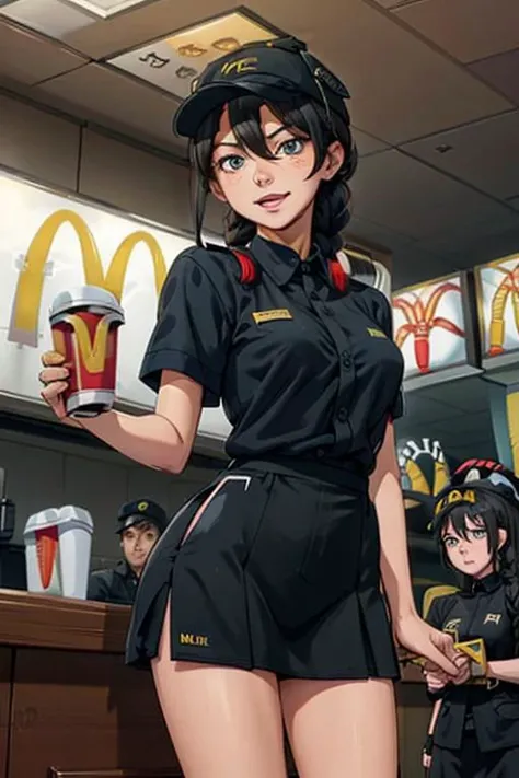 (masterpiece, best quality), (best quality, ultra-detailed, masterpiece: 1.4), 1girl, freckles, black hair, (single braid: 1.2), dark blue eyes, medium breasts, looking at viewer, wearing (mcdonalds uniform:1.4)(black baseball cap) (black shirt) (black microphone headset) (Black mini skirt), detailed eyes, open mouth, (smile:0.8), (serving in a fastfood:1.3), looking at viewer, (skin tanning), shiny skin, (smiling:1.1), mcdonalds,