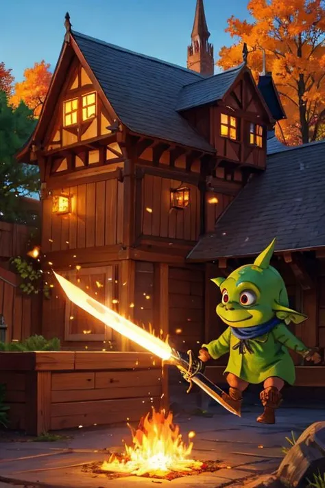 funny funny goblin forges a sword on a big anvil, medieval forge, wooden house, sunny weather, sparks fly out,