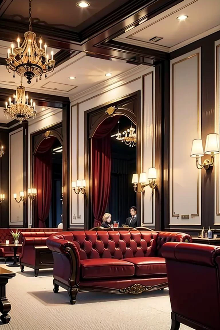 A chic hotel lobby with a curved front desk, its surface made of gleaming polished wood. The walls are covered in mirrors and velvet, with ornate metalwork accents and art deco light fixtures. Guests lounge on plush velvet couches, sipping cocktails and taking in the sophisticated atmosphere., Golden Ratio, accent light, softbox, fluorescent
<lora:GoodHands-beta2:0.75>