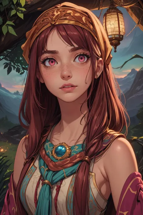 beautiful, (linework:1.1), <lora:detail_slider_v4:1.0>,
1 girl, adult welsh woman, freckles, pink eyes, chestnut medium hair,
portrait, solo, upper body, detailed background, detailed face, (<lora:BohoAI:0.6>, bohoai, boho theme:1.1), adventurer, spelunking, curious, tattered leather clothes, shirt, bandana, lantern, (abandoned:0.7) mountains background, vines, mist, occult, dark epic atmosphere,