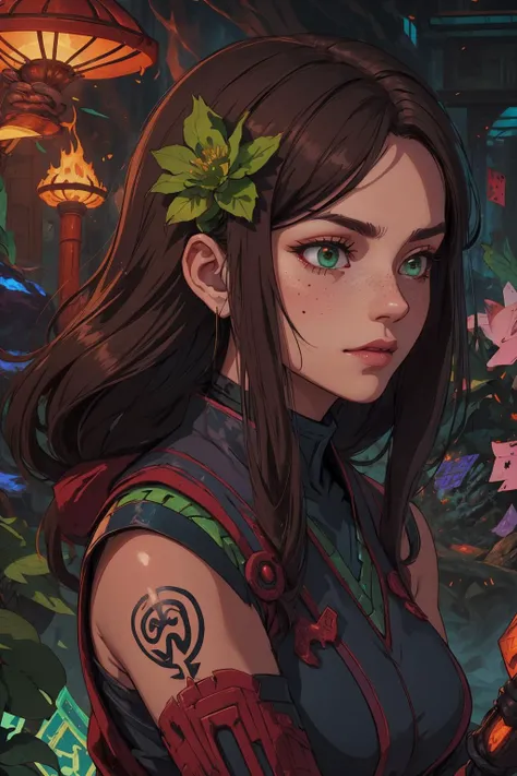 beautiful, (linework:1.1), <lora:detail_slider_v4:1.0>,
1 girl, adult (elven:0.7) woman, freckles, green eyes, dark brown medium hair, ombre,
<lora:GoodHands-beta2:0.8>,
focus on character, portrait, solo, upper body, looking away, detailed background, detailed face, (<lora:ShinobiTech:0.6>, bulky metal, cyberpunk, neon lights, shinobi, shinobitech theme:1.1), botanical researcher, planters, greenery, colorful plants, blooming flowers, glowing plants, greenhouse effect, floating plants, magic, elemental magic, green color scheme, lotus, herbs, seeds, mushrooms, ferns, science, greenhouse in background, low light, magical atmosphere,