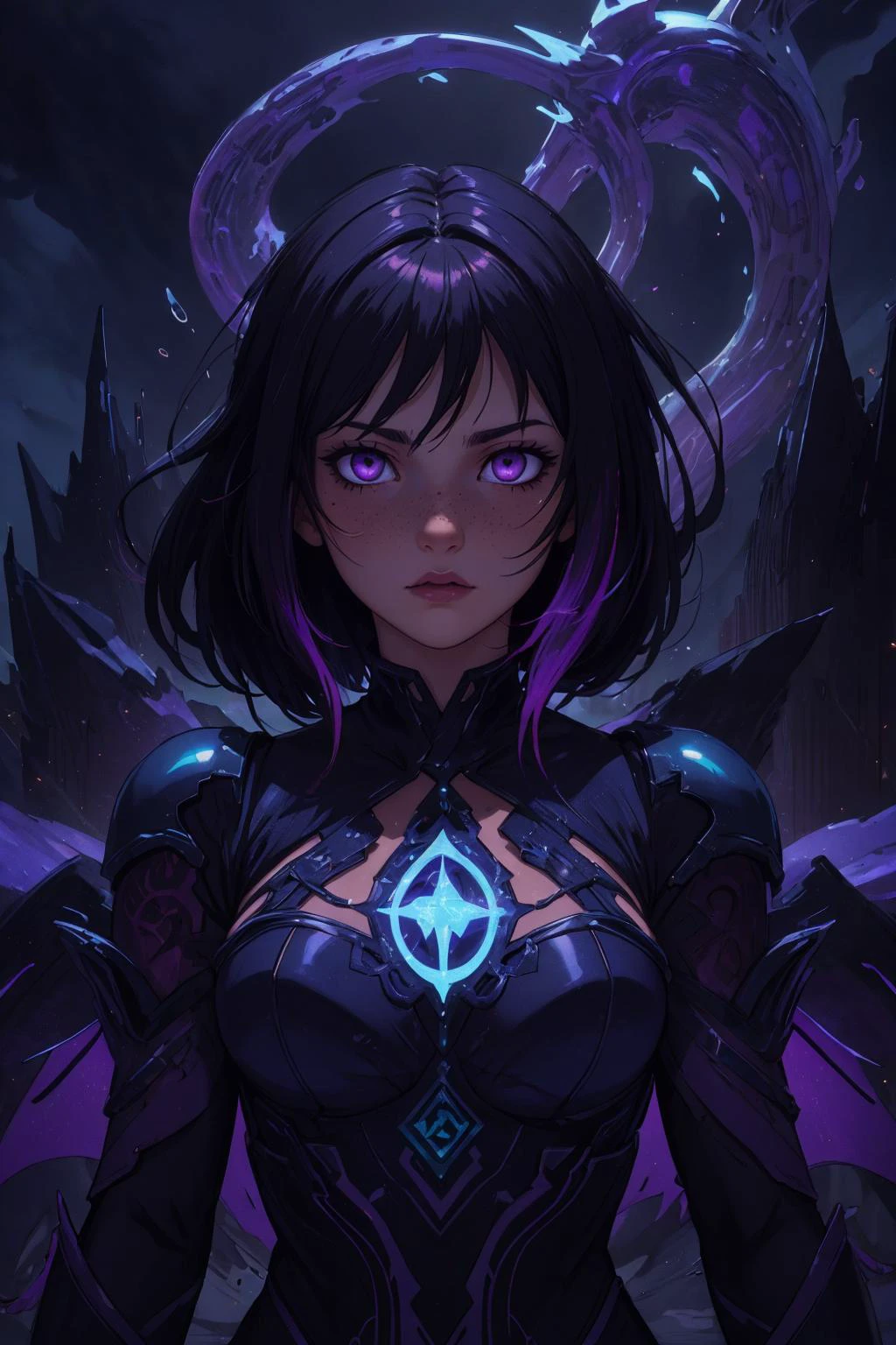 beautiful, (linework:1.1), <lora:detail_slider_v4:1.0>,
1 girl, adult (elven:0.7) woman, freckles, purple eyes, auburn razor cut hair, ombre,
<lora:GoodHands-beta2:0.8>,
Style-GravityMagic, solo, upper body, looking at viewer, detailed background, detailed face, (<lora:GothicHorrorAI:0.5>, gothichorrorai, gothic theme:1.1),sad, otherworldly glowing eyes, emissary of death, white tattered clothes, dynamic pose, omen, , forgotten runes, floating particles, old monument in background, rats in background, , wisps of cold vapor, dark clouds, low light, eerie dark mysterious atmosphere,