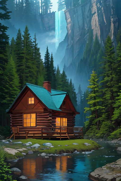 A painting of a cabin in the woods with a waterfall - SeaArt AI