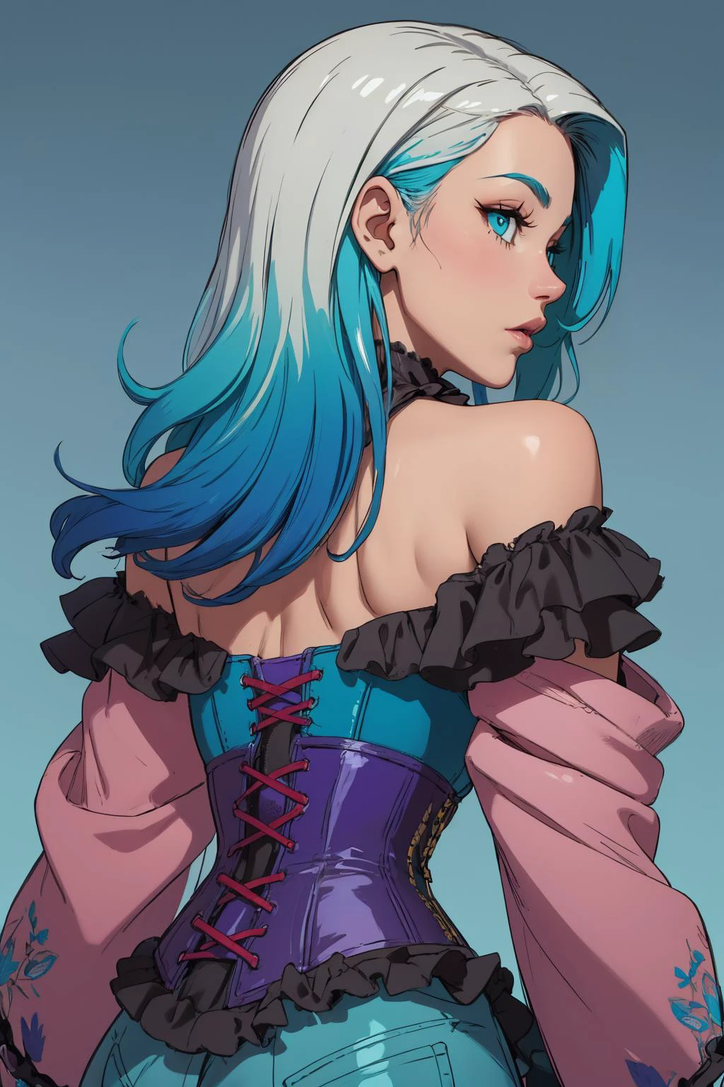 beautiful, (linework:1.1), <lora:detail_slider_v4:1.0>,
1 girl, adult woman, turquoise eyes, white lob hair, (long hair:1.1), ,
solo, <lora:GoodHands-beta2:0.8>, (simple background, blue color palette:1.2), color gradient, shiny skin, sexy,
(punk theme:1.0),
upper body,
from back, back view, turning around,
dynamic pose,
gray clothes,
corset
pants,
offshoulder,
frills, , embroidery,
leather material,,
bracelet, , body markings,