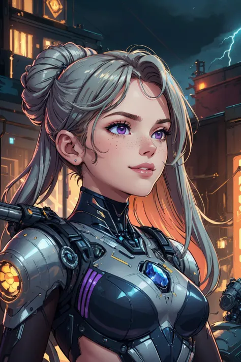 beautiful, (linework:1.1), <lora:detail_slider_v4:1.0>,
1 girl, adult (elven:0.7) woman, freckles, purple eyes, yellow updo hairstyle, 
style-rustmagic, portrait, solo, half shot, looking up, detailed background, detailed face, (<lora:DecorationBundlev2:0.6>, SilverSapphireAI theme:1.1), futuristic assassin, biological specialist, wearing  metal armor, techwear,  head-up display, futuristic weapon, grenades, insignia, smirk,    cybernetic implants,  urban rooftop in background, storm, bloom, cinematic atmosphere,