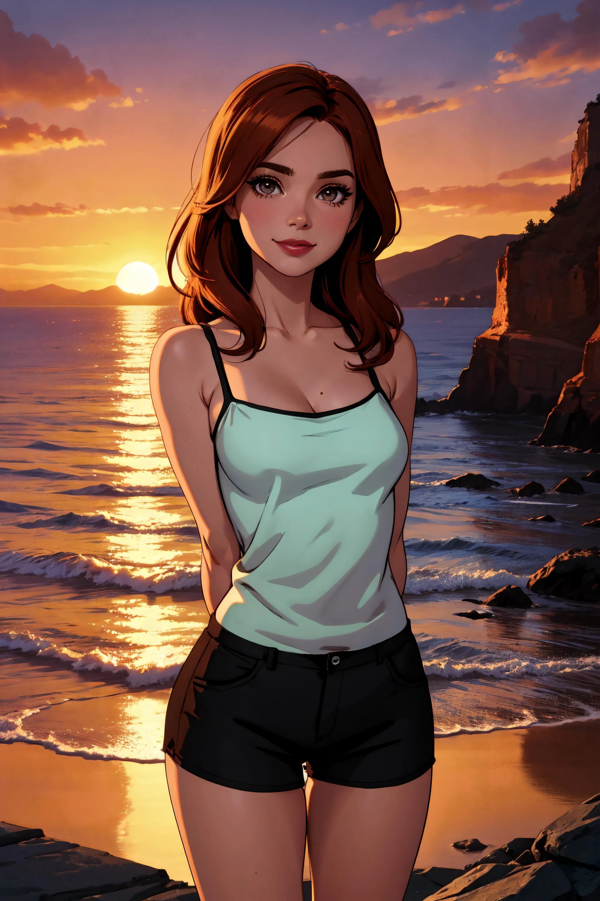 1girl, long hair, auburn hair, hair-part, hazel eyes, hourglass figure, large breasts, busty, (wide hips:0.85), thin waist, mascara, rosy cheeks, smokey eyes, lipstick, (beautiful, gorgeous:1.1), ([Amy Adams|Isla Fisher|Jenna Fischer]:1.2), (camisole:1.1), short shorts, flirty, smirk, tease, playful, naughty, (looking at viewer:1.4), standing, (arms behind back:1.5), detailed background, cliff overlooking the ocean, sea waves, rocky cliff, sunset, sunset, dusk, burnt sienna, golden glow, dark violet, (linework:1.1)