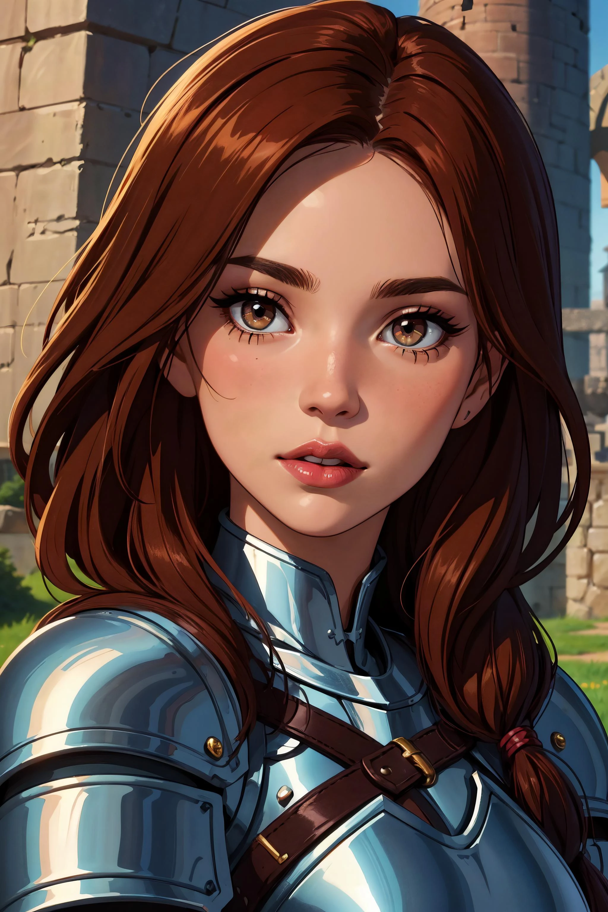 (close up:1.1), (head, shoulders:1.3), 1girl, long hair, auburn hair, hair-part, (hazel eyes:1.1), makeup, mascara, rosy cheeks, smokey eyes, lipstick, (beautiful, gorgeous:1.1), ([Amy Adams|Isla Fisher|Jenna Fischer]:1.1), (knight:1.3), (medieval armor:1.2), (breastplate:1.1), (gauntlets:1.1), (greaves:1.1), medieval castle, stone walls, towers, drawbridge, moat, (linework:1.1)