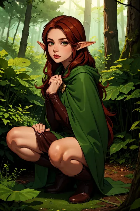 1girl, long hair, auburn hair, hair-part, (hazel eyes:1.1), makeup, mascara, rosy cheeks, smokey eyes, lipstick, (beautiful, gorgeous:1.1), ([Amy Adams|Isla Fisher|Jenna Fischer]:1.1), petite, slim waist, small breasts, (elven ranger:1.3), (forest green cloak:1.2), (elven ears:1.1), (leather boots:1.1), (elven bow:1.2), quiver, furrowed brow, determined, (looking at viewer:1.4), squatting, detailed background, in an enchanted forest, tall and graceful trees, luminescent leaves, glades, ethereal, mystical, (linework:1.1)