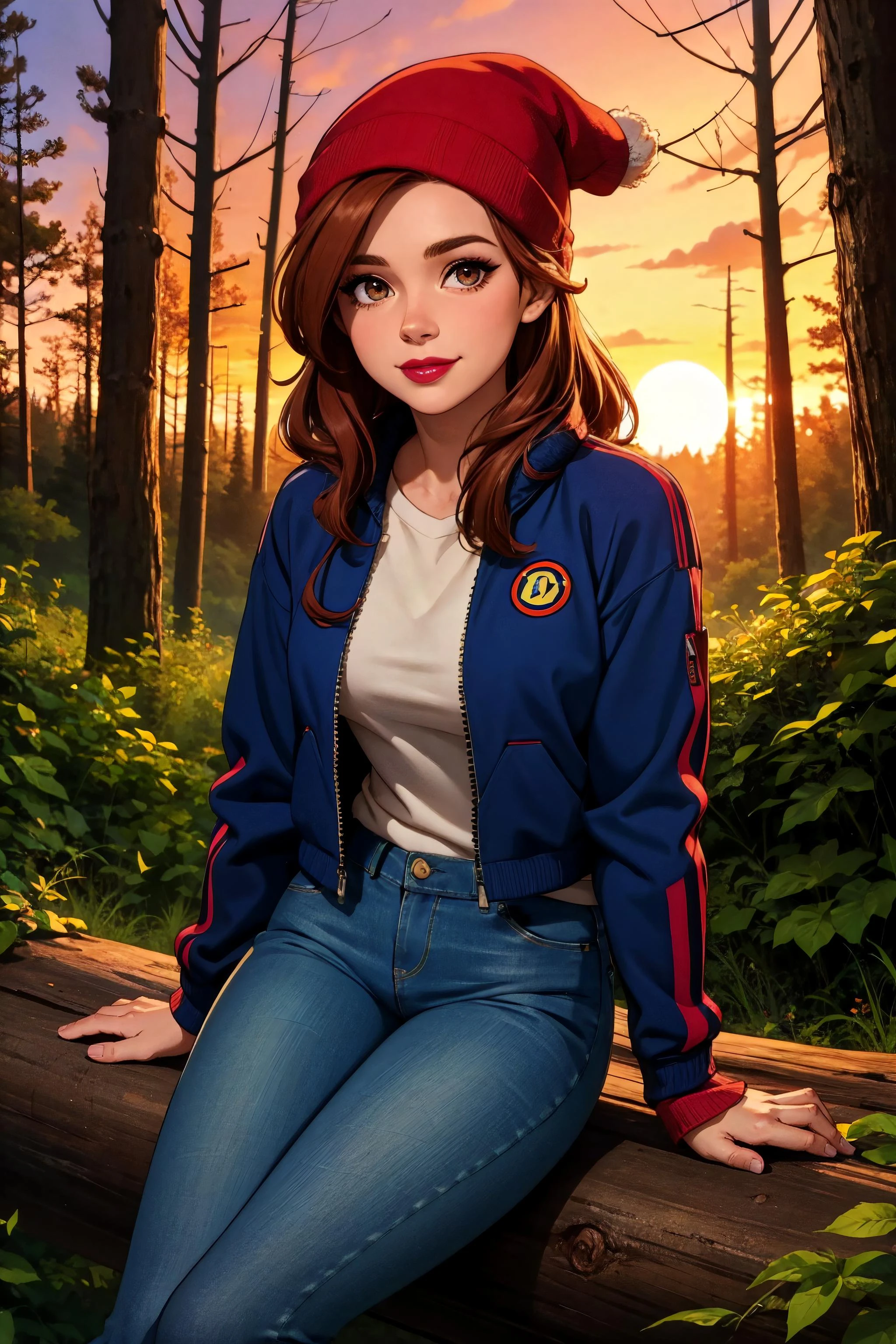 1girl, long hair, auburn hair, hair-part, (hazel eyes:1.1), makeup, mascara, rosy cheeks, smokey eyes, lipstick, (beautiful, gorgeous:1.1), ([Amy Adams|Isla Fisher|Jenna Fischer]:1.1), comfy long sleeve zip-up jacket, (jeans:1.1), beanie, smiling, (looking at viewer:1.4), sitting on log, (fist:1.1), (hands in lap:1.1), detailed background, in an forest, tall and graceful trees, leaves, glades, sunset, dusk, (linework:1.1)