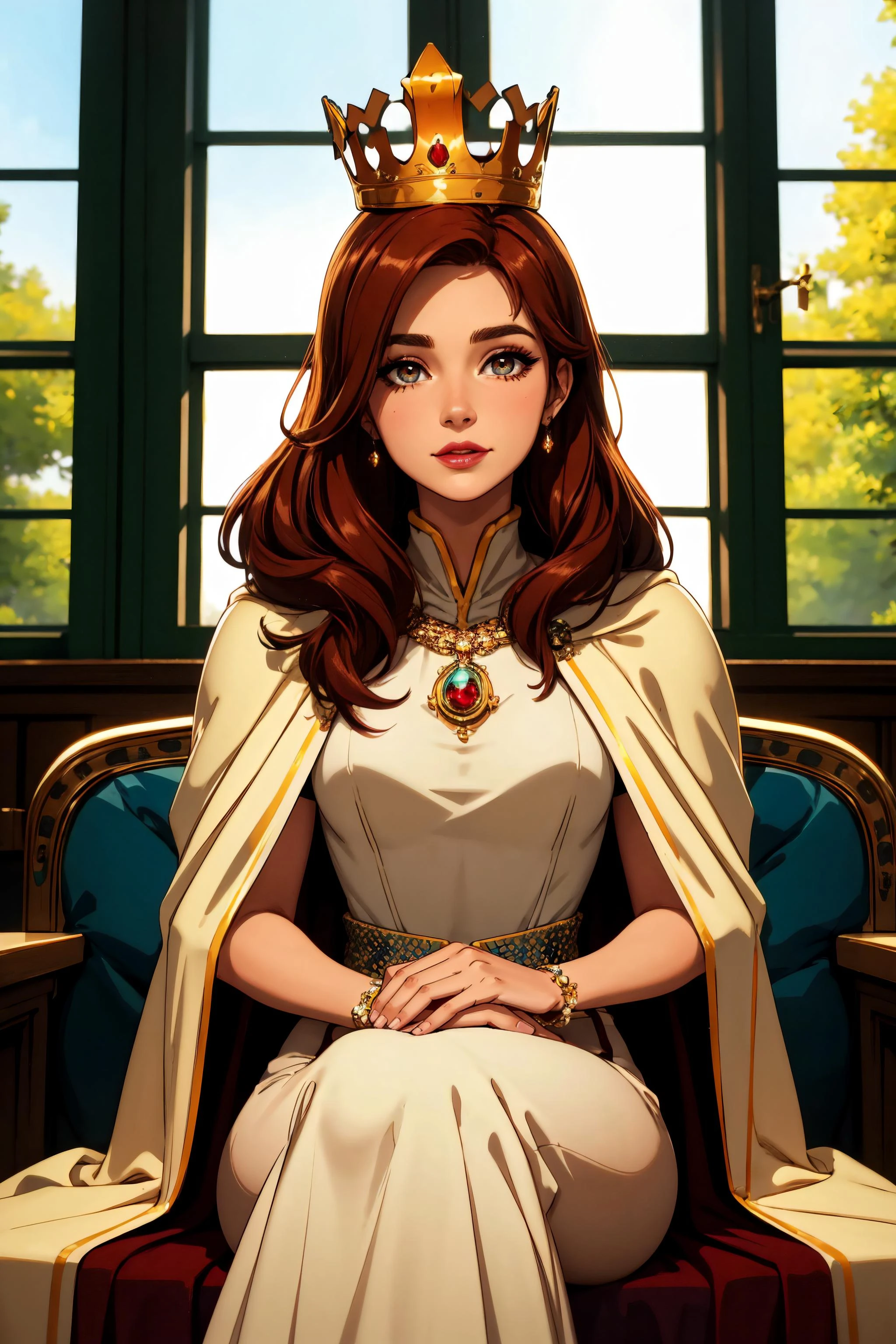 1girl, long hair, auburn hair, hair-part, (hazel eyes:1.1), makeup, mascara, rosy cheeks, smokey eyes, lipstick, (beautiful, gorgeous:1.1), ([Amy Adams|Isla Fisher|Jenna Fischer]:1.1), (king:1.3), (queen:1.3), (royalty:1.2), (crown:1.2), (ermine cloak:1.2), (jeweled accessories:1.1), lavish, grandeur, content, relaxed, soft smile, (looking at viewer:1.4), sitting, elegant dignified, detailed background, medieval castle interior, stone walls, windows, (linework:1.1)