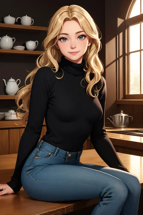 (masterpiece, best quality:1.2), highly detailed, RAW photo, indoors, cafe, 1girl, sitting, solo, two-tone hair, brown hair, blonde hair, wavy hair, hazel eyes, long hair, black sweater, turtleneck sweater, blue pants, denim, shirt tucked in, looking at viewer, closed mouth, smile
