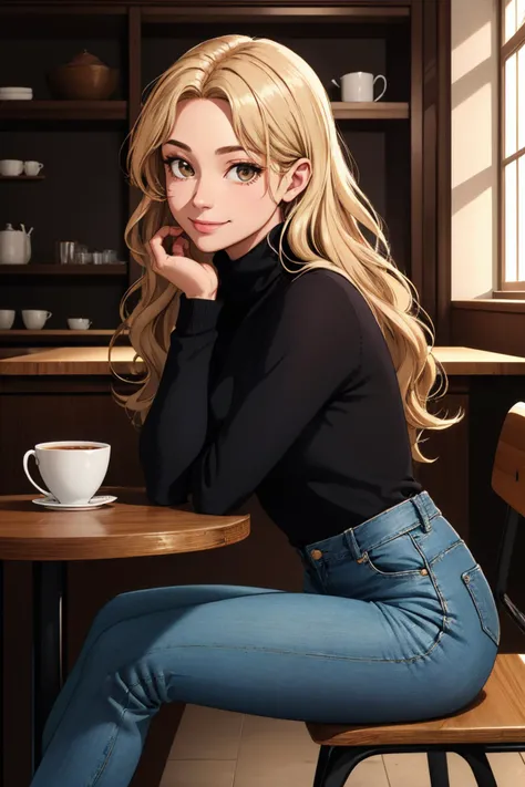 (masterpiece, best quality:1.2), highly detailed, RAW photo, indoors, cafe, 1girl, sitting, from side, solo, two-tone hair, brown hair, blonde hair, wavy hair, hazel eyes, long hair, black sweater, turtleneck sweater, blue pants, denim, shirt tucked in, looking at viewer, closed mouth, smile