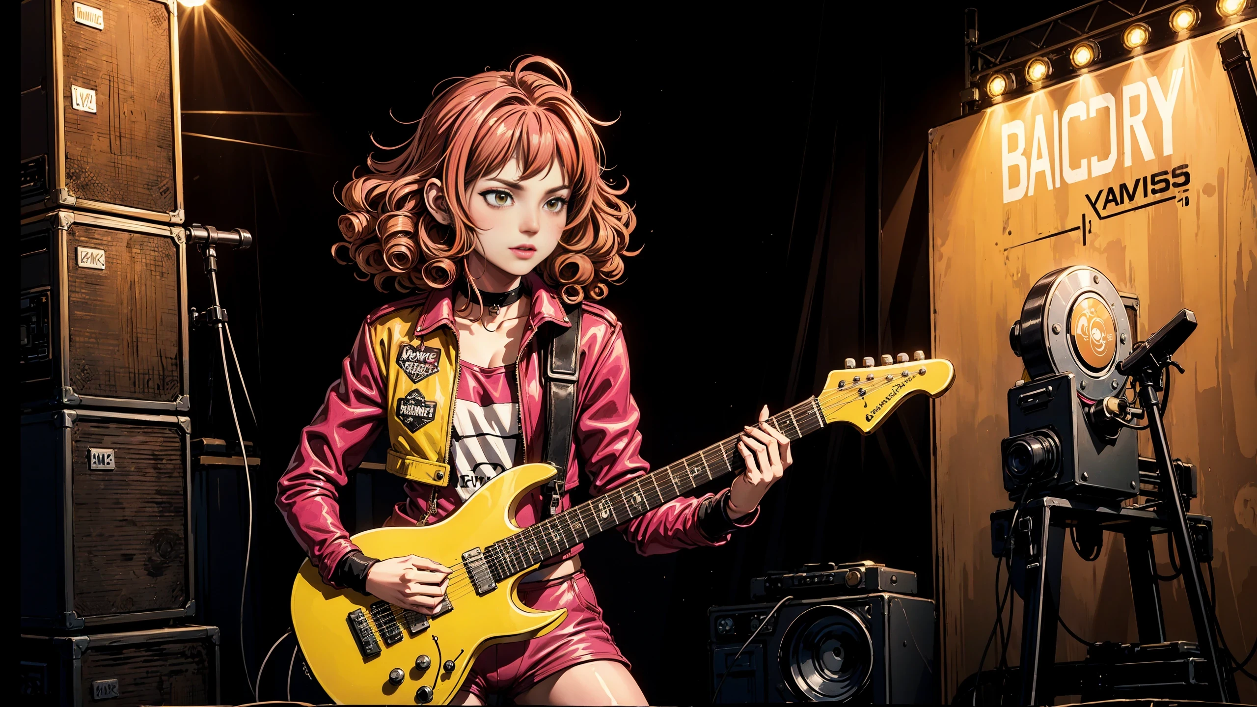 (young woman), (rock singer guitarrist), 1980's, 80's, ((curly:1.2) Cerise hair permanent), live concert, posters, (playing electric guitar), portrait, standing, extremely detailed, Mustard Yellow rock leather clothes, Dark Pink jacket, Varsity Red shorts, sharp focus, (pretty, happy, feminine, sexy:0.8), <lora:Detail Tweaker LoRA add_detail:0.5><lora:depth_of_field_slider_v1:5> <lora:SDXLrender_v2.0:0.9> <lora:solaratype:0.3> solaratype1452