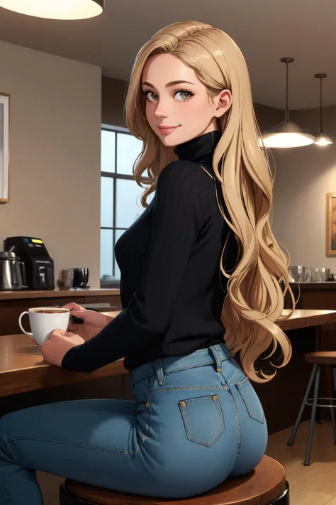 (masterpiece, best quality:1.2), highly detailed, RAW photo, indoors, cafe, 1girl, sitting, from behind, looking back, solo, two-tone hair, brown hair, blonde hair, wavy hair, hazel eyes, long hair, black sweater, turtleneck sweater, blue pants, denim, shirt tucked in, looking at viewer, closed mouth, smile