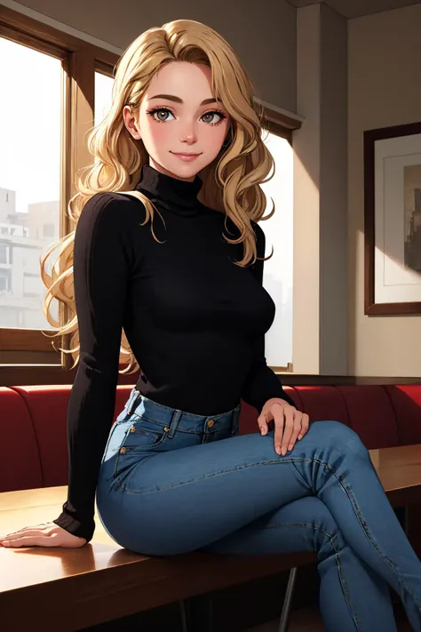 (masterpiece, best quality:1.2), highly detailed, RAW photo, indoors, cafe, 1girl, sitting, solo, two-tone hair, brown hair, blonde hair, wavy hair, hazel eyes, long hair, black sweater, turtleneck sweater, blue pants, denim, shirt tucked in, looking at viewer, closed mouth, smile