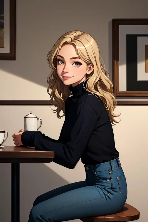 (masterpiece, best quality:1.2), highly detailed, RAW photo, indoors, cafe, 1girl, sitting, from side, solo, two-tone hair, brown hair, blonde hair, wavy hair, hazel eyes, long hair, black sweater, turtleneck sweater, blue pants, denim, shirt tucked in, looking at viewer, closed mouth, smile
