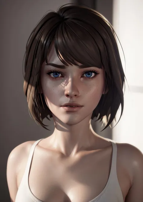 realistic, realism, photorealism, photo-realistic, high contrast, (photorealistic:1.4), 8k high definition detailed realistic, (best quality, masterpiece:1.2), photon mapping, radiosity, physically-based rendering, best quality, highly detailed, maxine_caufield_byammpu,detailed face,detailed eyes,small breasts, short hair, brown hair,blue eyes, (freckles:0.3), looking looking at viewer, dress