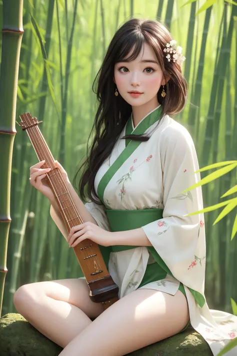 <lora:BFcutegirl_20230827134330:0.6>, BFcutegirl, best quality, masterpiece, illustration, (realistic, photo-realistic:1.37), amazing, finely detail, incredibly absurdres, huge filesize, ultra-detailed, highres, extremely detailed CG unity 8k wallpaper, ray tracing, 1girl, A cute and gentle looking Chinese girl with long black hair, wearing an elegant green and white cheongsam with bamboo motifs, sitting barefoot on a rock in a refreshing bamboo forest. There is a guqin on her lap. Sunlight shines through the bamboo leaves, creating a dreamy and ethereal atmosphere. The girl has a relaxed and content expression as she plays the guqin, immersed in the nature around her. The image appears as a beautiful multi-angle photo captured with a digital camera, expressing a sense of purity, elegance and harmony.