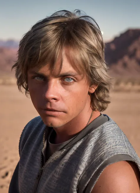 portrait of sksperson, suspicious , wearing sweatpant , with crew cut gray Shaggy hair , background desert epic (photo, studio lighting, hard light, sony a7, 50 mm, matte skin, pores, colors, hyperdetailed, hyperrealistic), <lyco:Mark HamillV2:1.3>