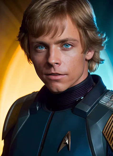 portrait of sksperson man, short hair, wearing star trek suit, background star trek, epic (photo, studio lighting, hard light, sony a7, 50 mm, matte skin, pores, colors, hyperdetailed, hyperrealistic), <lyco:Mark HamillV2:1.1>