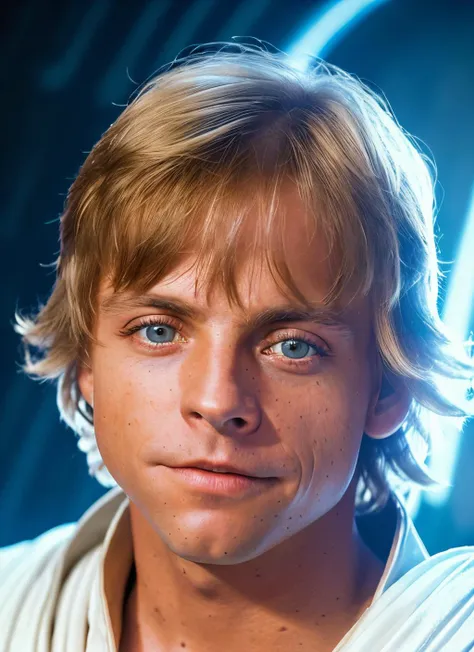 portrait of sksperson, ecstatic , wearing a white robe , background star wars, epic (photo, studio lighting, hard light, sony a7, 50 mm, matte skin, pores, colors, hyperdetailed, hyperrealistic), <lyco:Mark HamillV2:1.1>